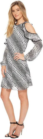 MICHAEL KORS Womens Black Cold Shoulder Floral Jewel Neck Dress,Size  XS