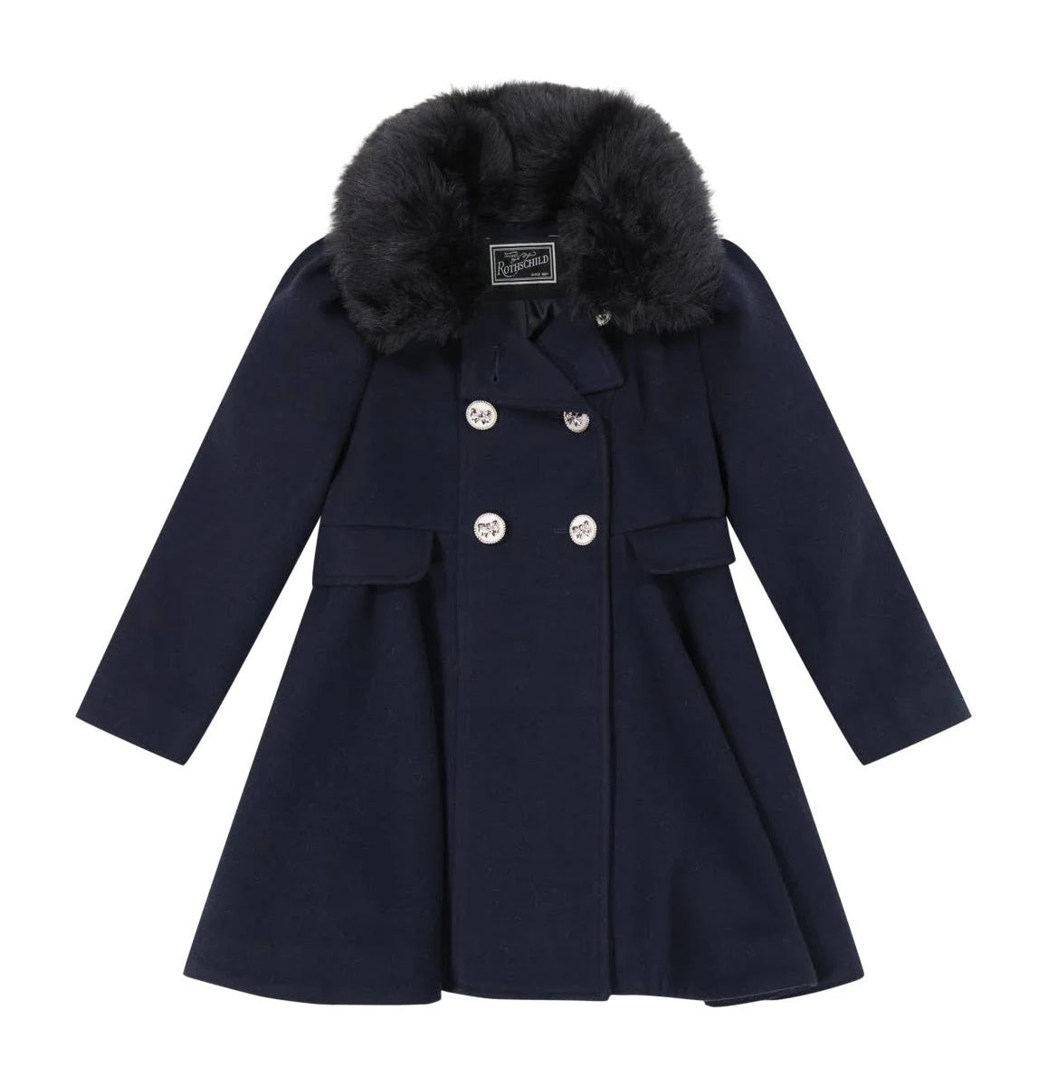Rothschild Little Girls Hooded Pea Coat Sz 7/8 S Navy Blue Pleated Faux Fur, 7/8