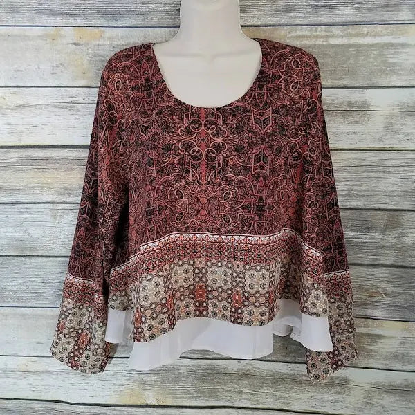 Fourteenth Place Blouse Brown Orange Geometric Print, Size Medium