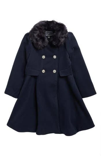 Rothschild Little Girls Hooded Pea Coat Sz 7/8 S Navy Blue Pleated Faux Fur, 7/8