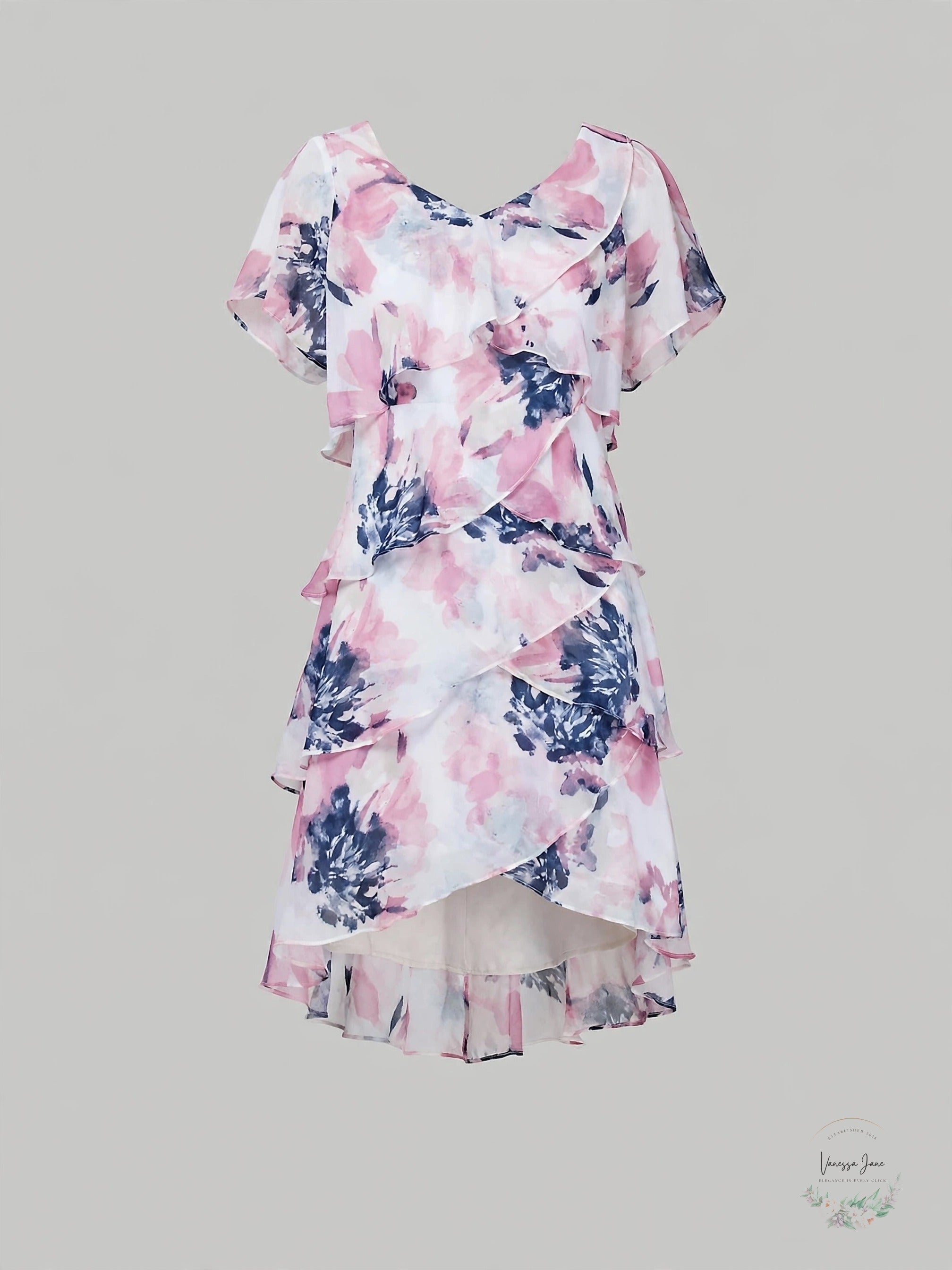 SLNY floral tier shift chiffon dress stock photo