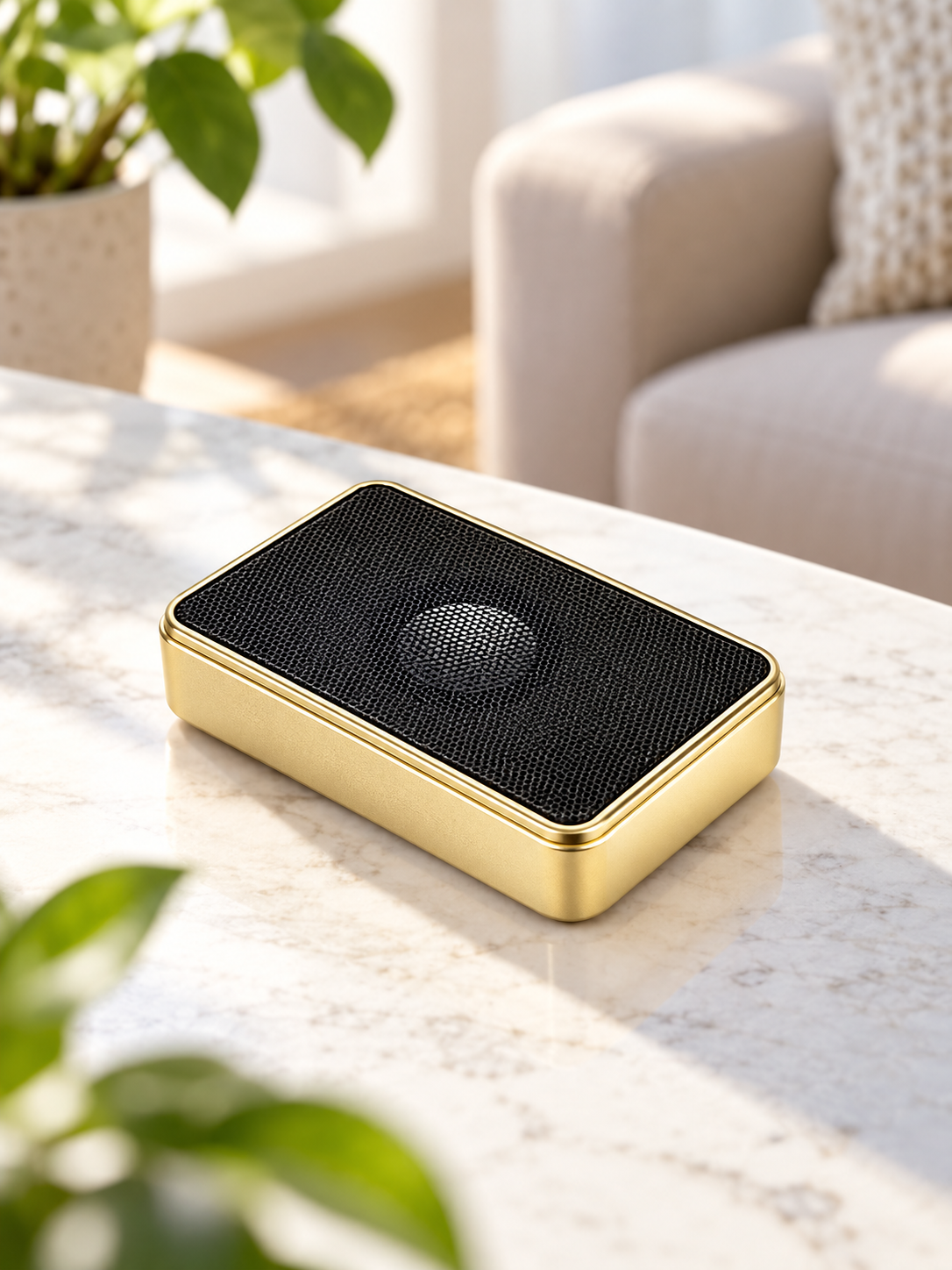 Gold Pocket Tin Speaker in a living room