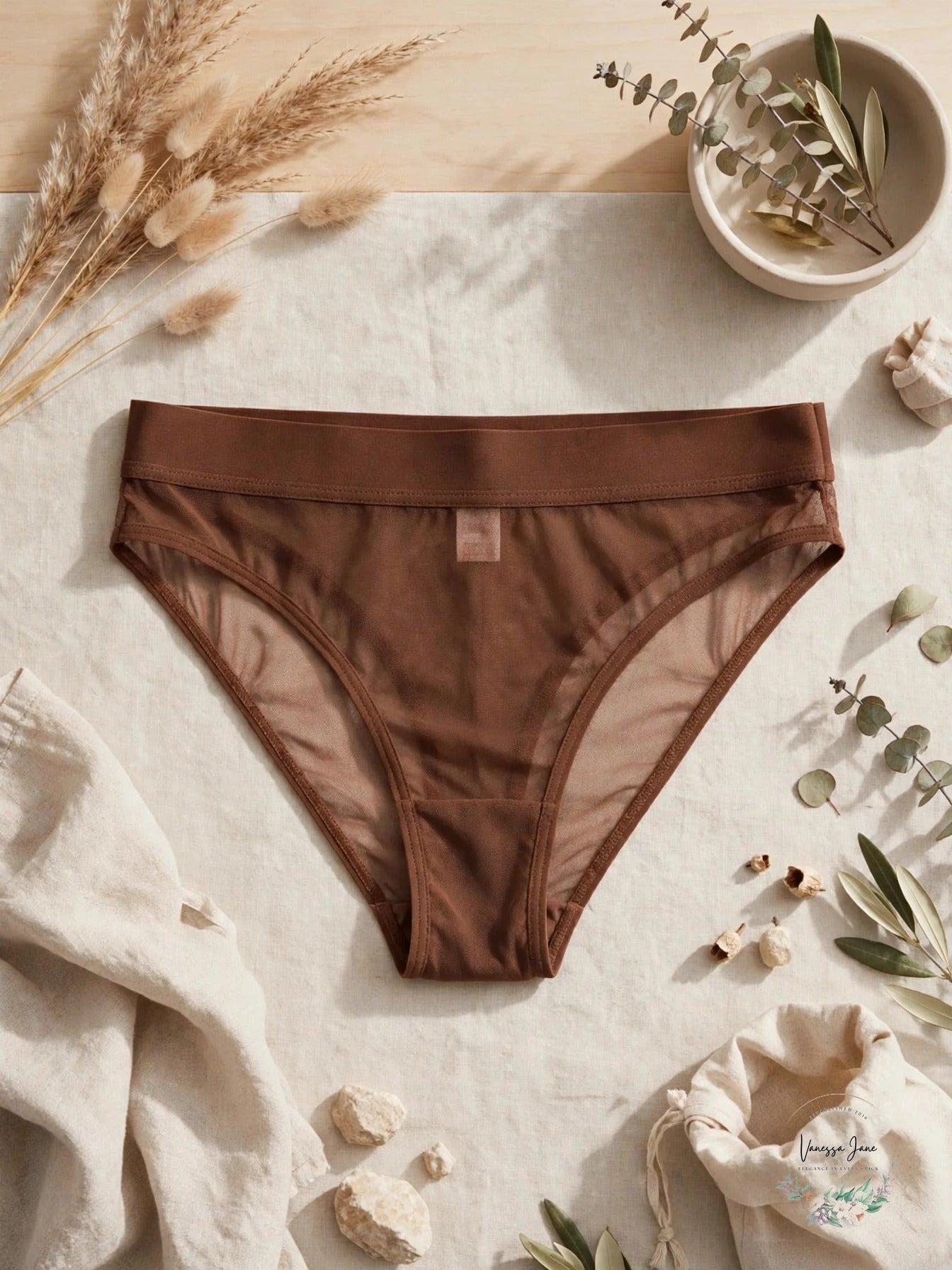 Steve Madden Mesh High-Leg Thong Tiramisu - styled flat lay