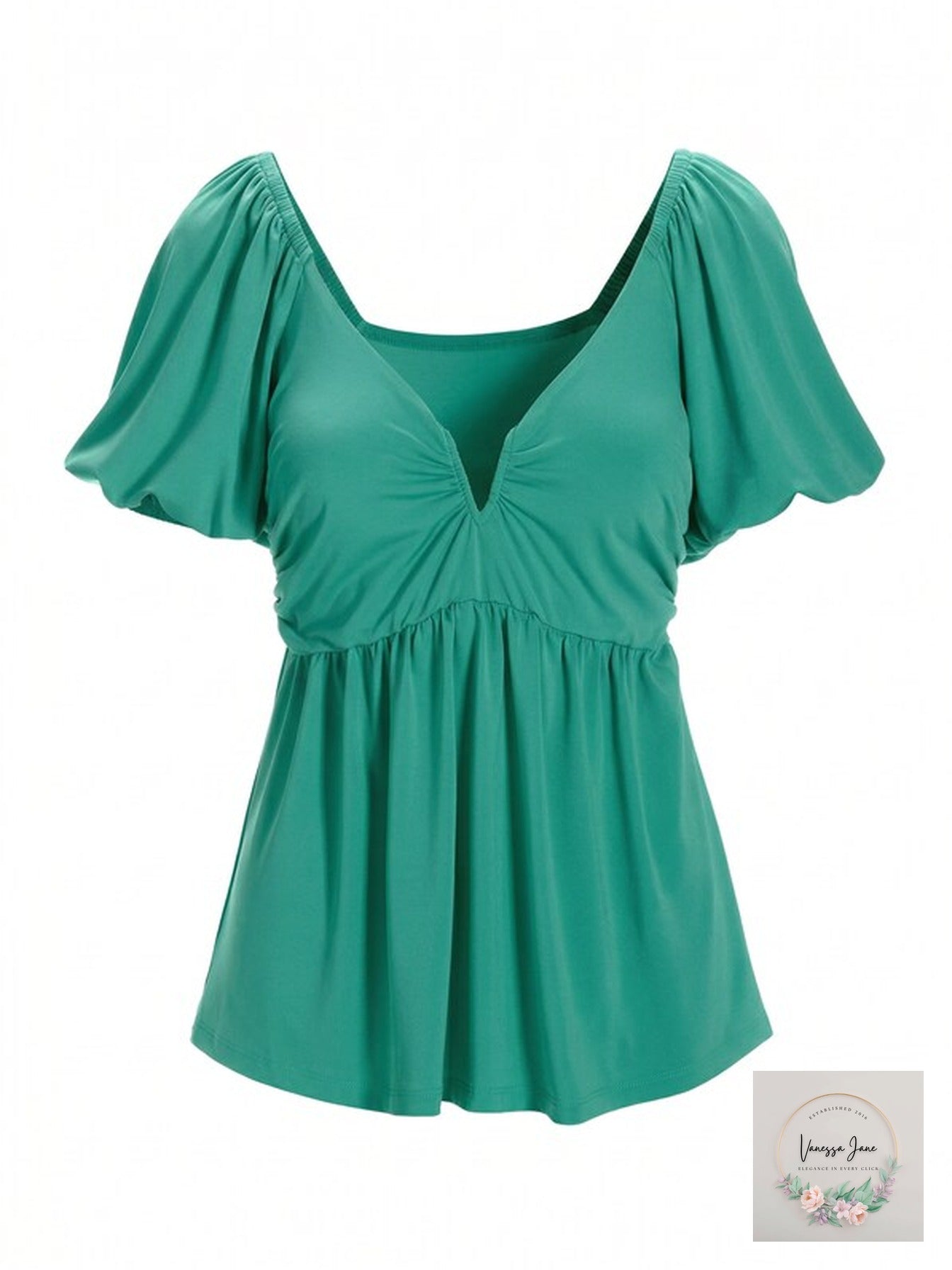 Boston Proper green puff-sleeve ruched babydoll top