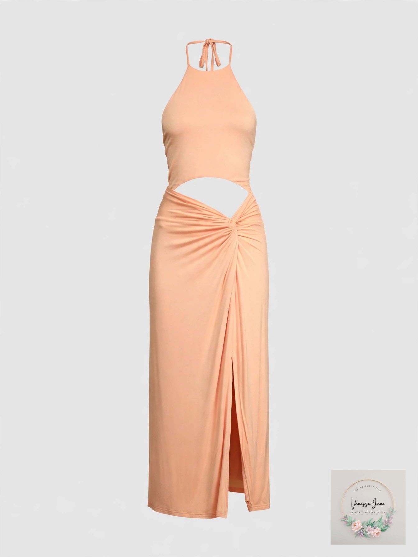 Lulus Peach Twist-Front Cutout Halter Midi Dress, Size L NWT