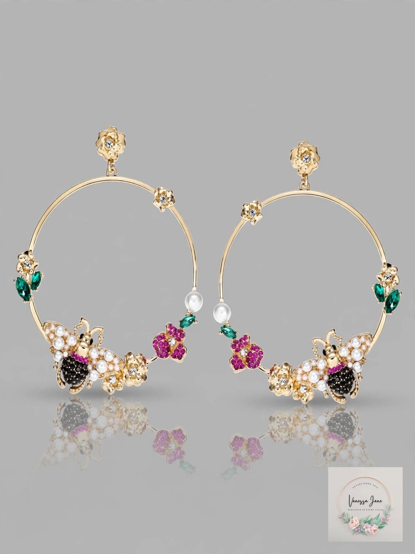 Thalia Sodi Gold-Tone Pearl Crystal Bee Flower Hoop Earrings NWT