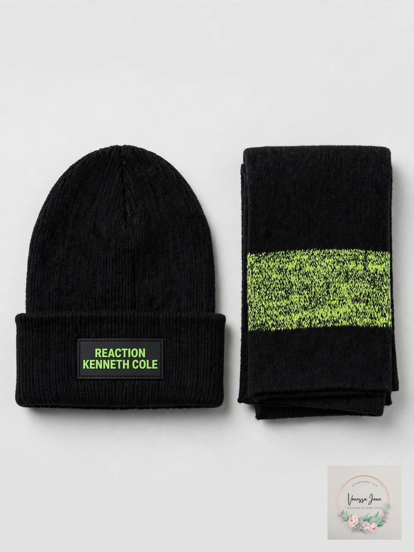 Kenneth Cole Reaction Mens Neon Beanie and Scarf Set, NWT