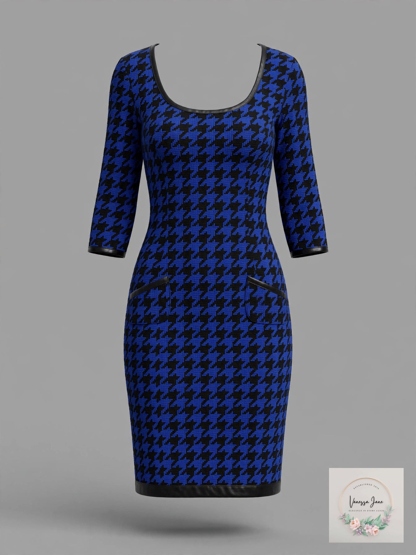 NY Collection Blue Black Houndstooth Jacquard Dress, PXS NWT
