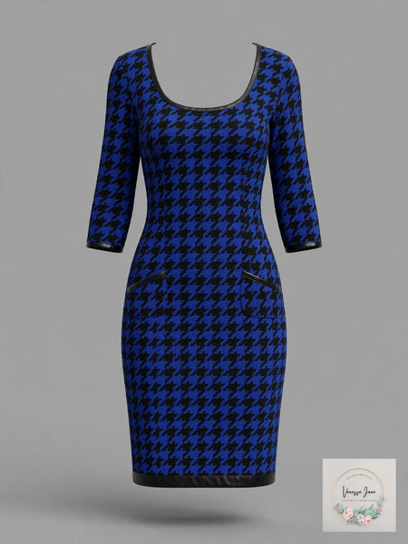 NY Collection Blue Black Houndstooth Jacquard Dress, PXS NWT