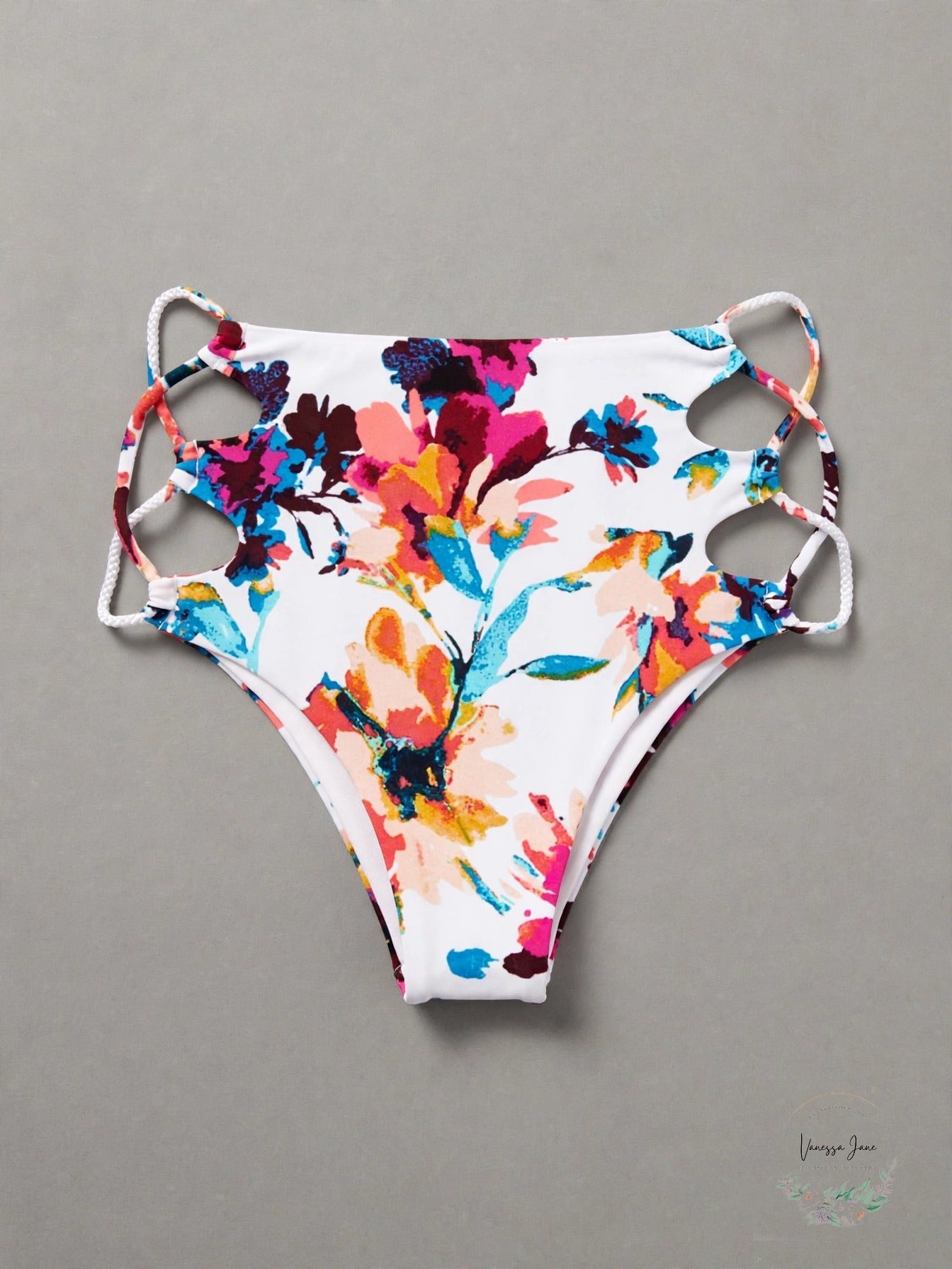Bar III Womens Floral Lined Lace-Up High Waist Bikini Bottoms White Multi