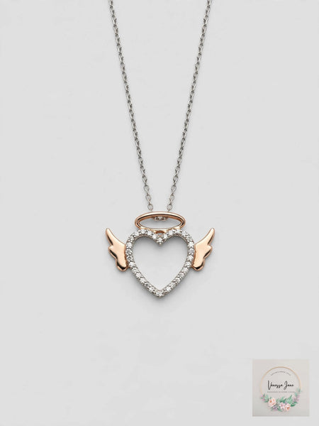 925 Sterling Silver Rose Gold-Tone Angel Heart Halo Pendant NWT
