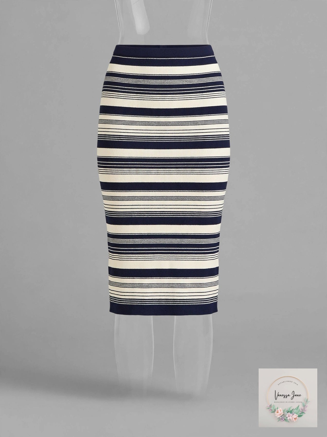 Ralph Lauren Navy Striped Stretch Textured Midi Pencil Skirt, Size L NWT