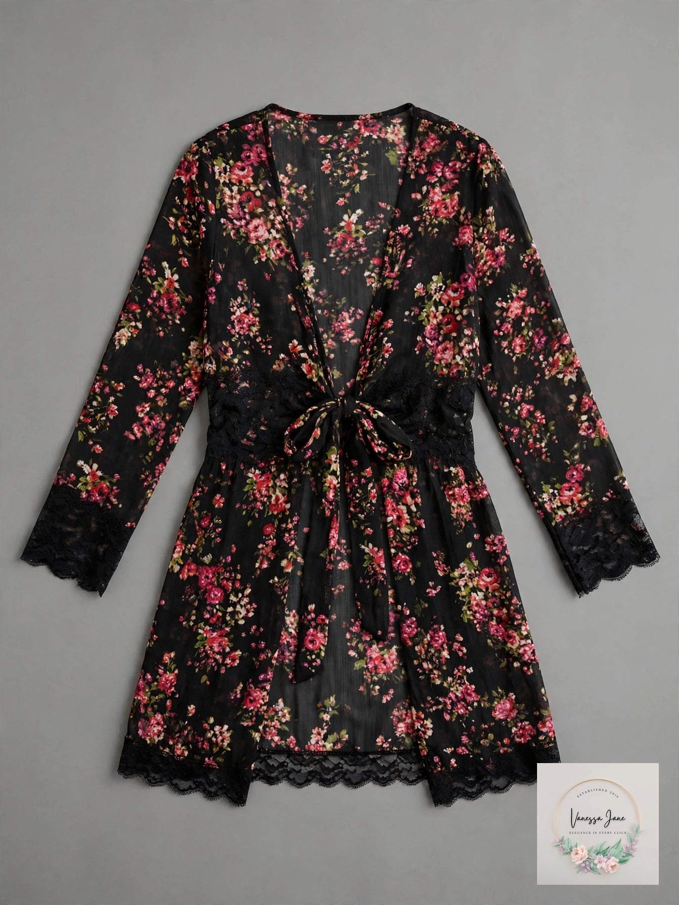 Sweet Rain Black Floral Sheer Lace-Trim Kimono Wrap Top, Size S NWT