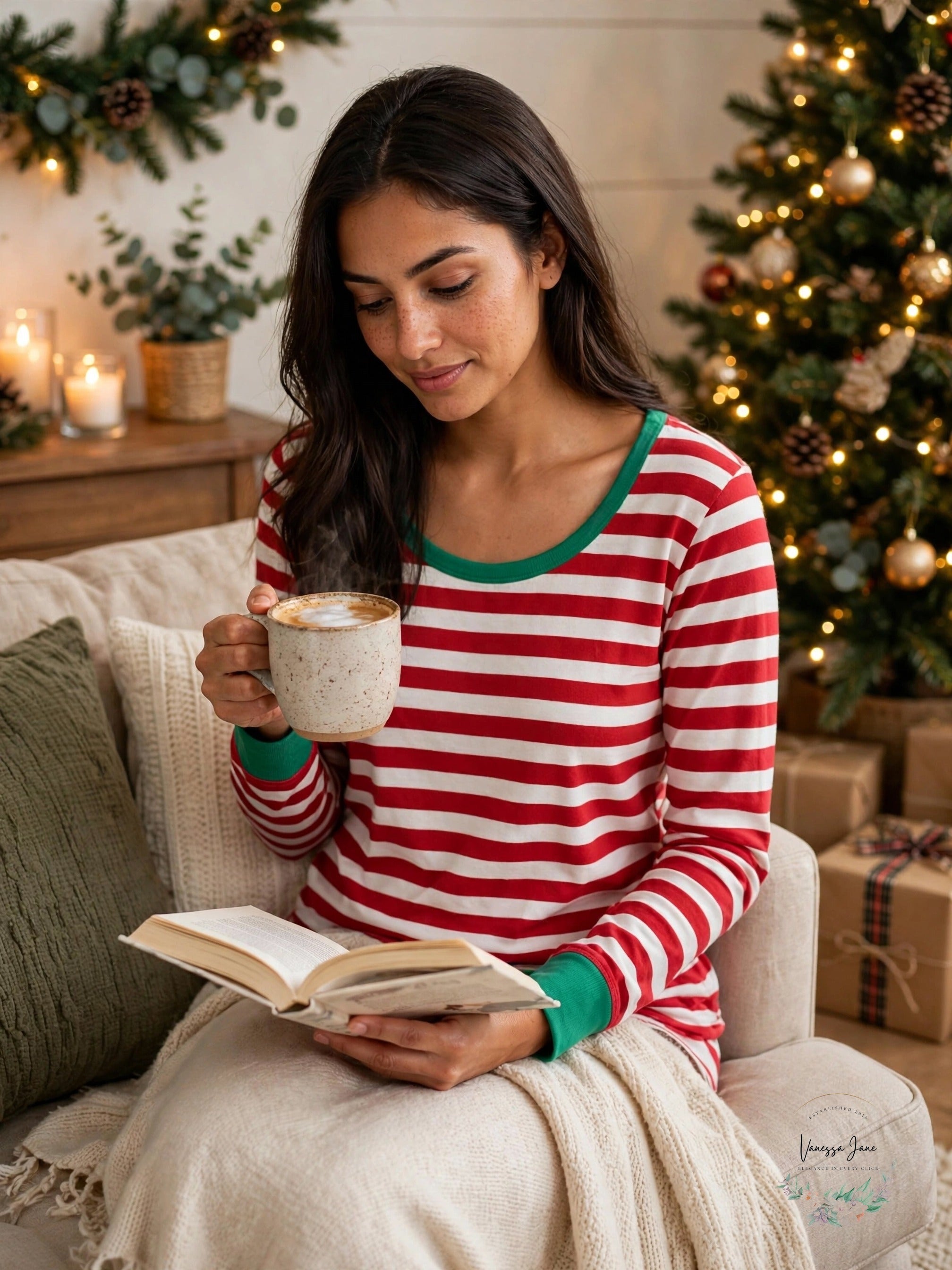 Womens red white stripe pajama top lifestyle photo