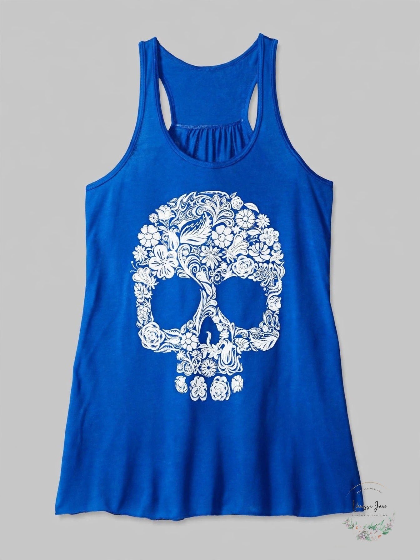 Clementine Women's Floral Skull Racerback Tank – Royal Blue, M