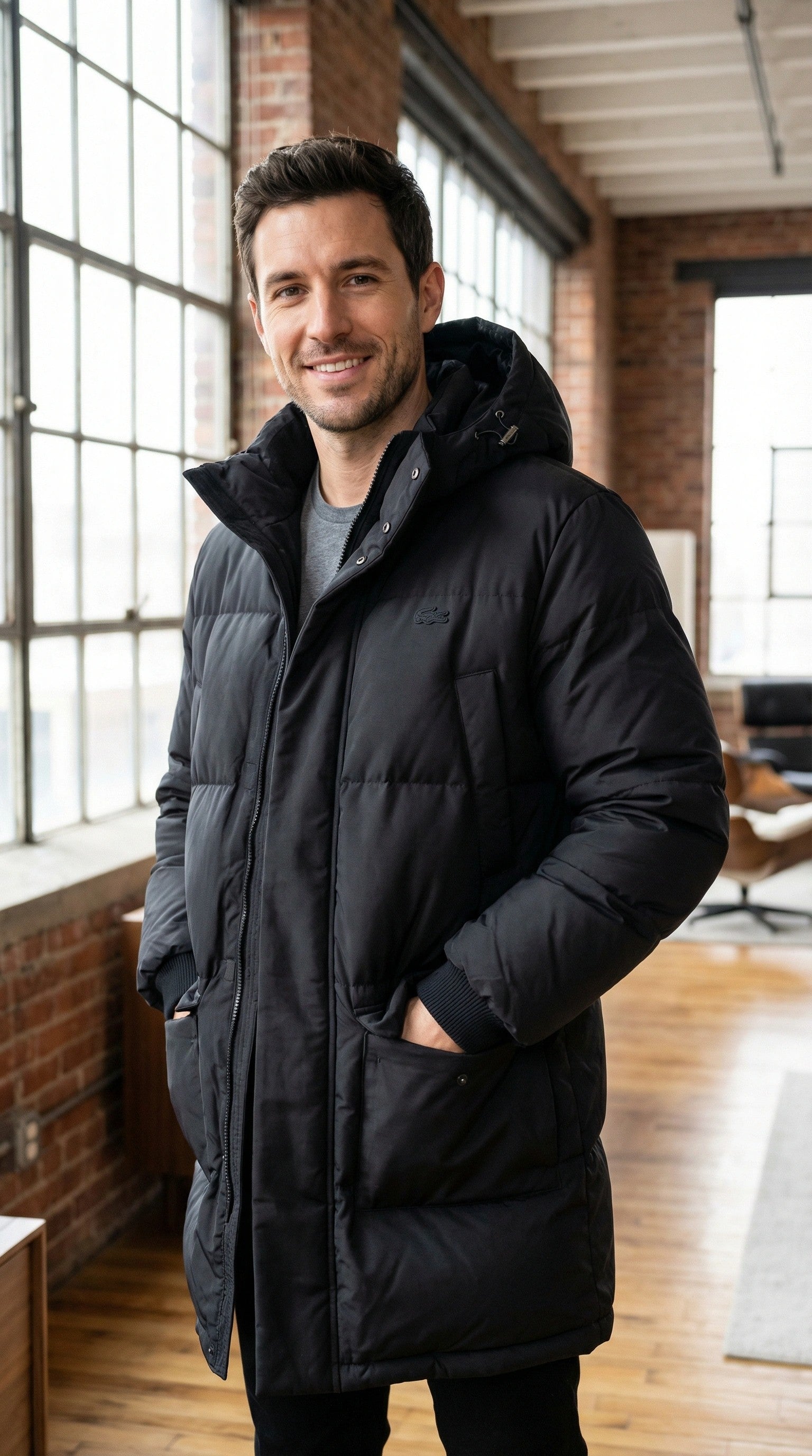 Lacoste Mens, Detachable Hood Long Puffer Coat Water Repellent