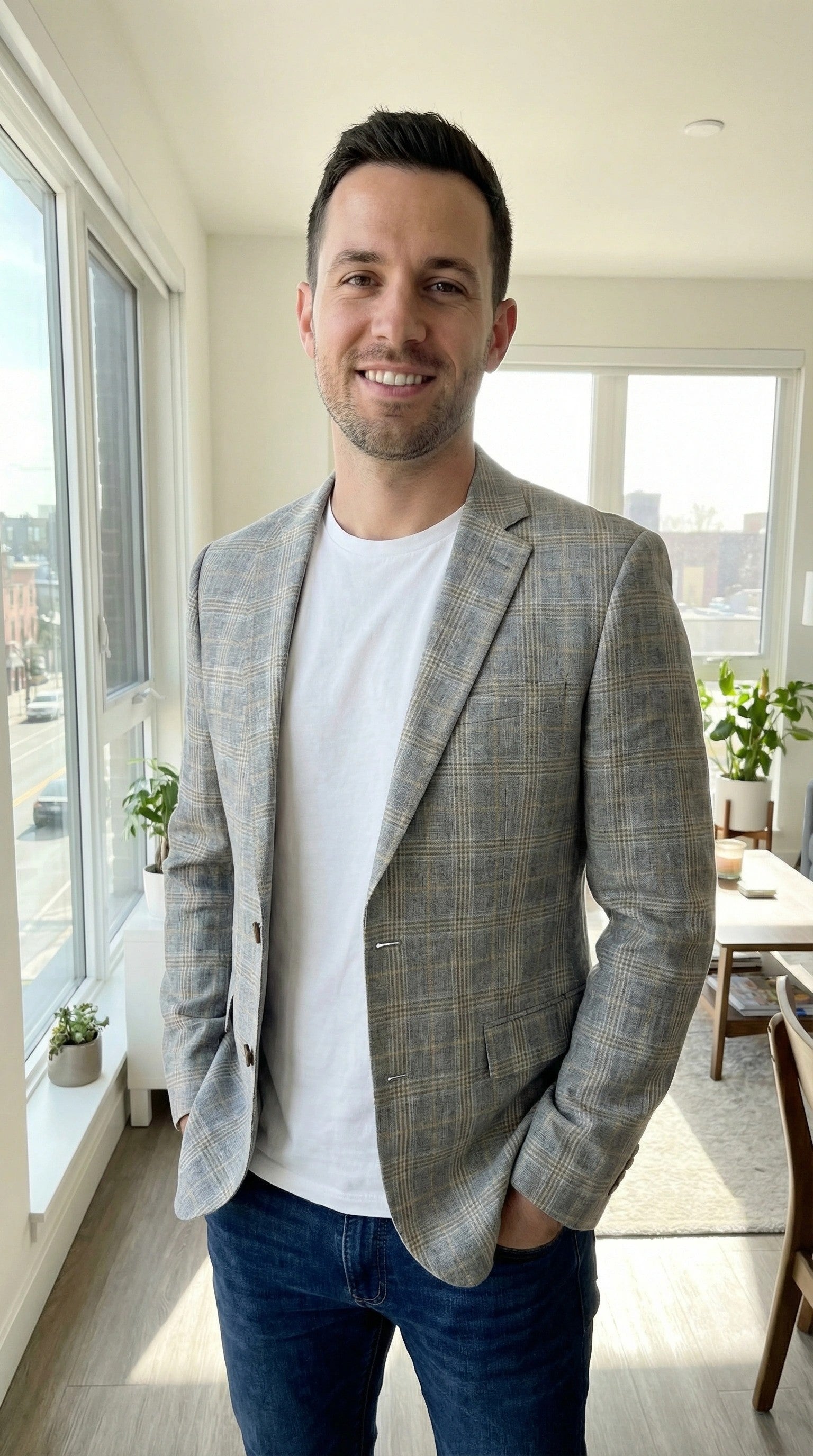 Bar III Mens Slim-Fit Plaid Linen Suit Jacket