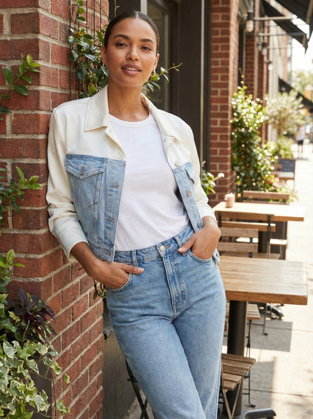 Express Satin Pieced Cropped Denim Jacket, Size Large