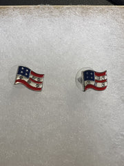 Vintage Enamel American Flag Earrings Jewelry Pierced Silver Tone 4th of July