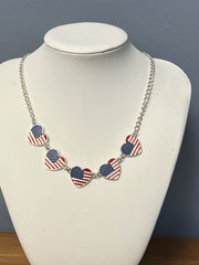 Vintage American Flag Heart - Red, White and Blue Pendant -Chain Necklace