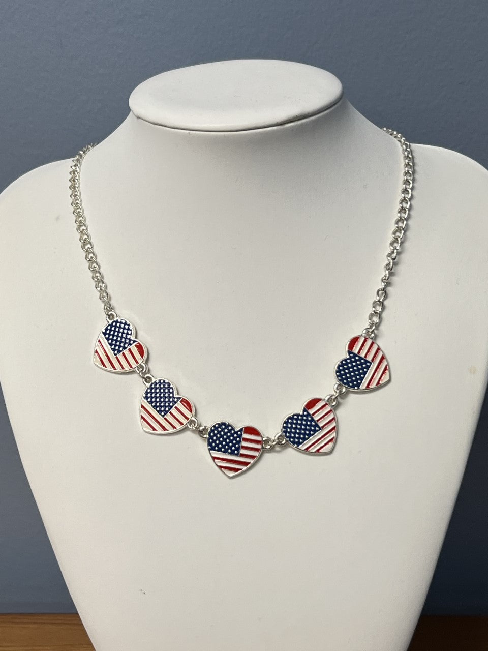 Vintage American Flag Heart - Red, White and Blue Pendant -Chain Necklace