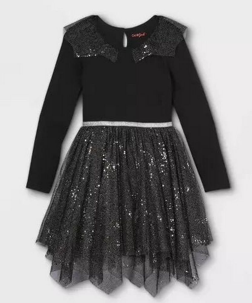 Girls Knit Long Sleeve Tulle Dress Black Sparkly Cat and Jack Size Small 6/6X