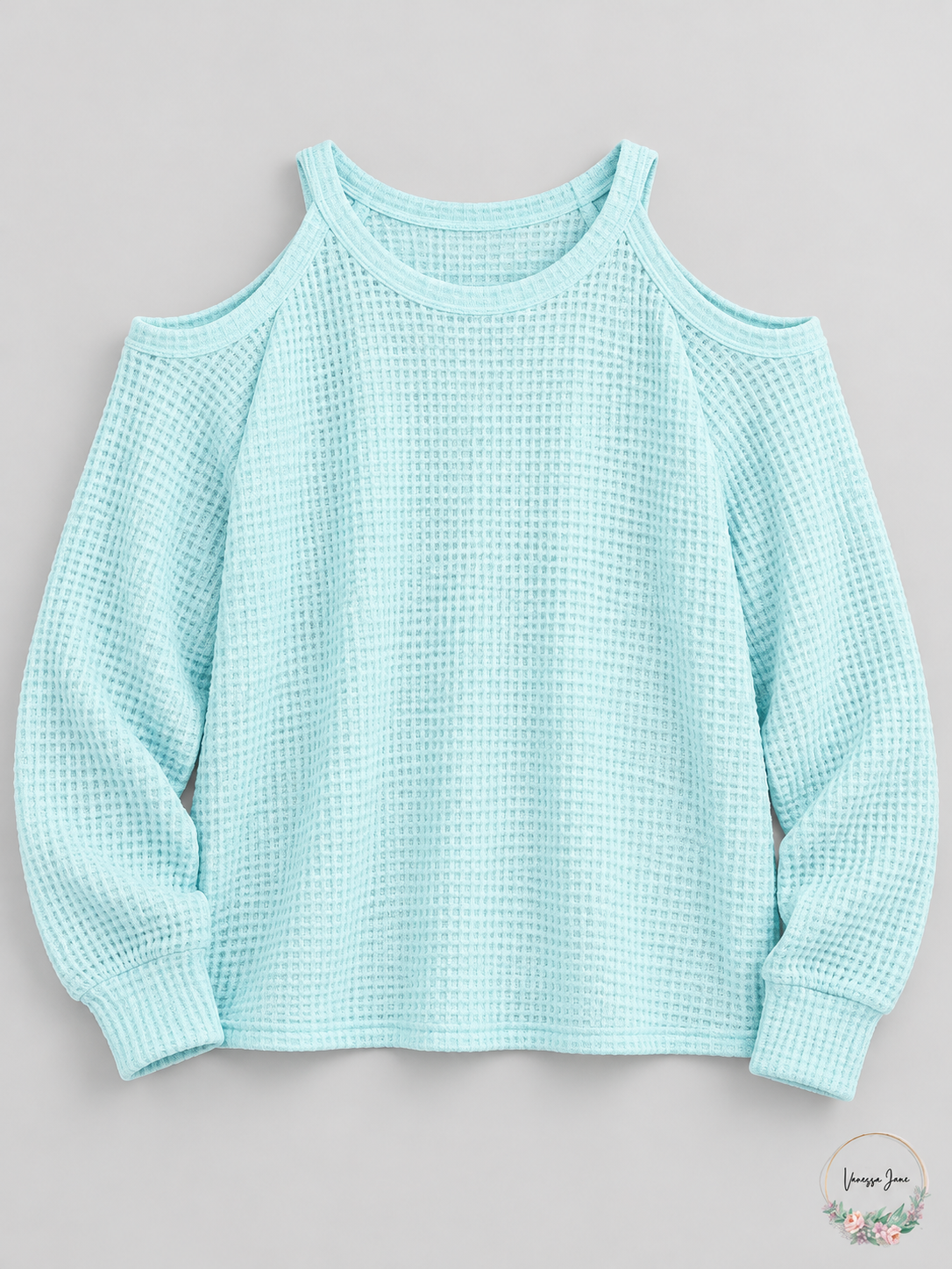 Vanessa Jane Freshman Juniors Waffle-Knit Cold-Shoulder Top aqua stock 20261019b