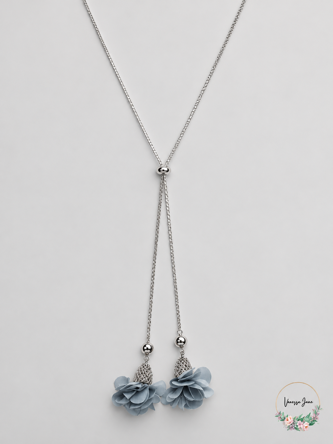 Vanessa Jane Inc Fabric-Flower 37 Inches Lariat Necklace gray stock 20261019b