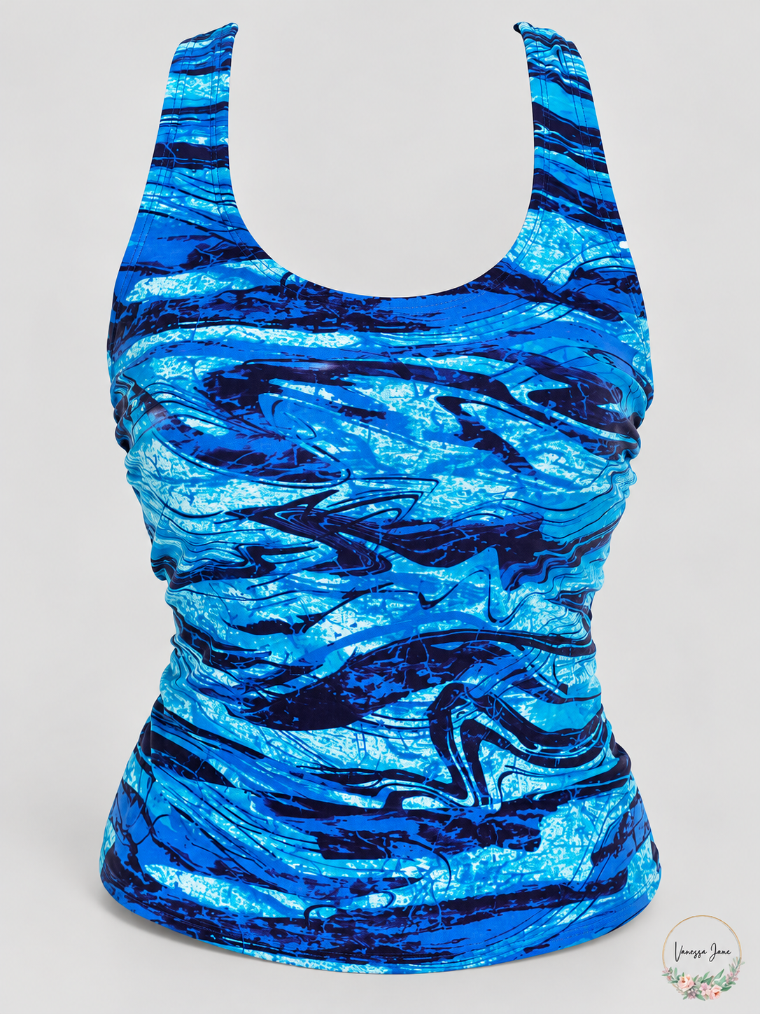 Vanessa Jane GO BY GOSSIP Wind Blown Racerback Tankini Top, Size Small blue stock 20261019b