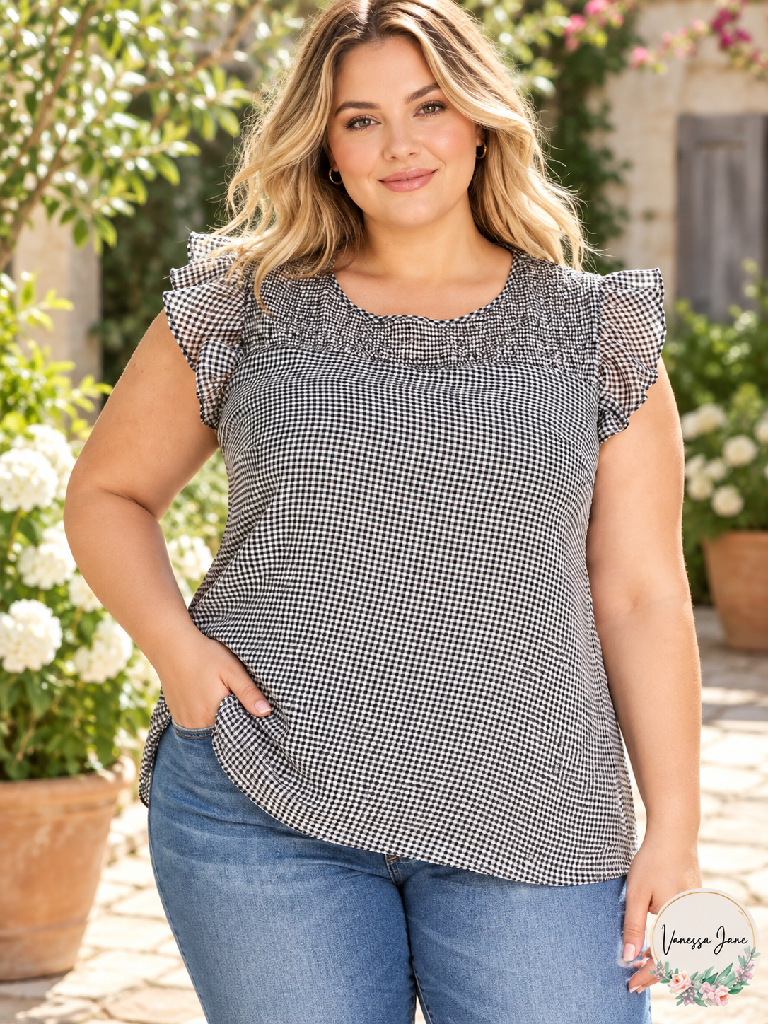 City Chic Plus Size Gingham Smocked Ruffle-Sleeve Top 16W Black White — lifestyle photograph