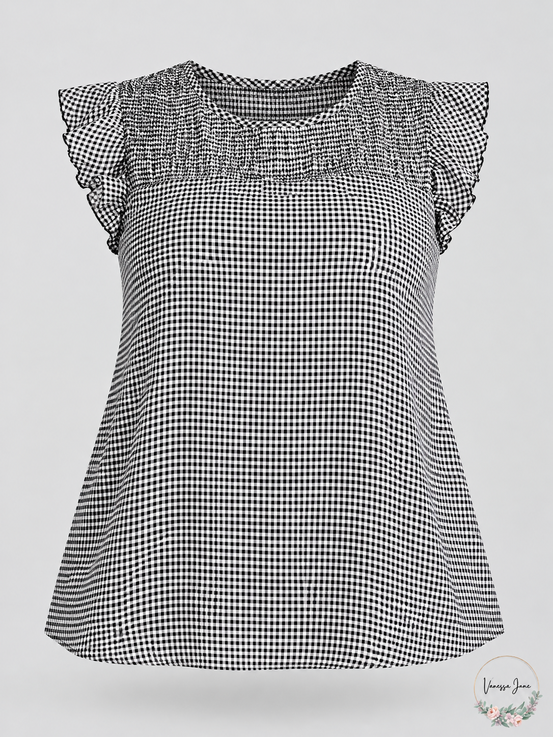 City Chic Plus Size Gingham Smocked Ruffle-Sleeve Top 16W Black White — stock photograph