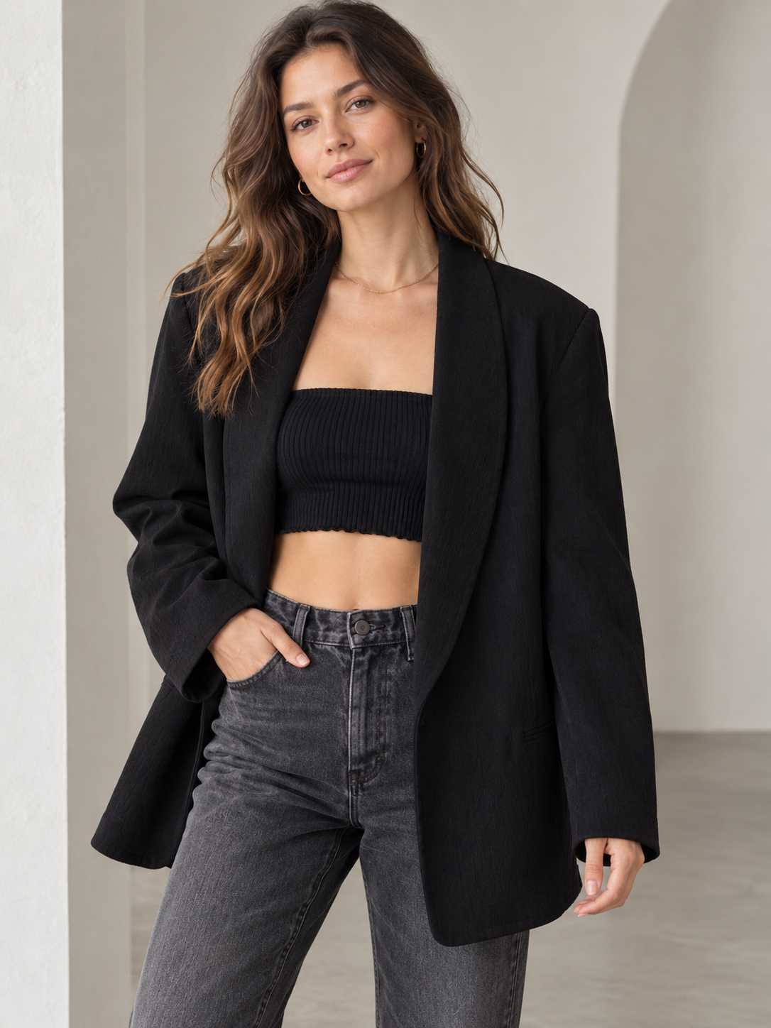 Unapproved AI-assisted lifestyle photo candidate for Free People Rowan black blazer, requiring human fidelity review.