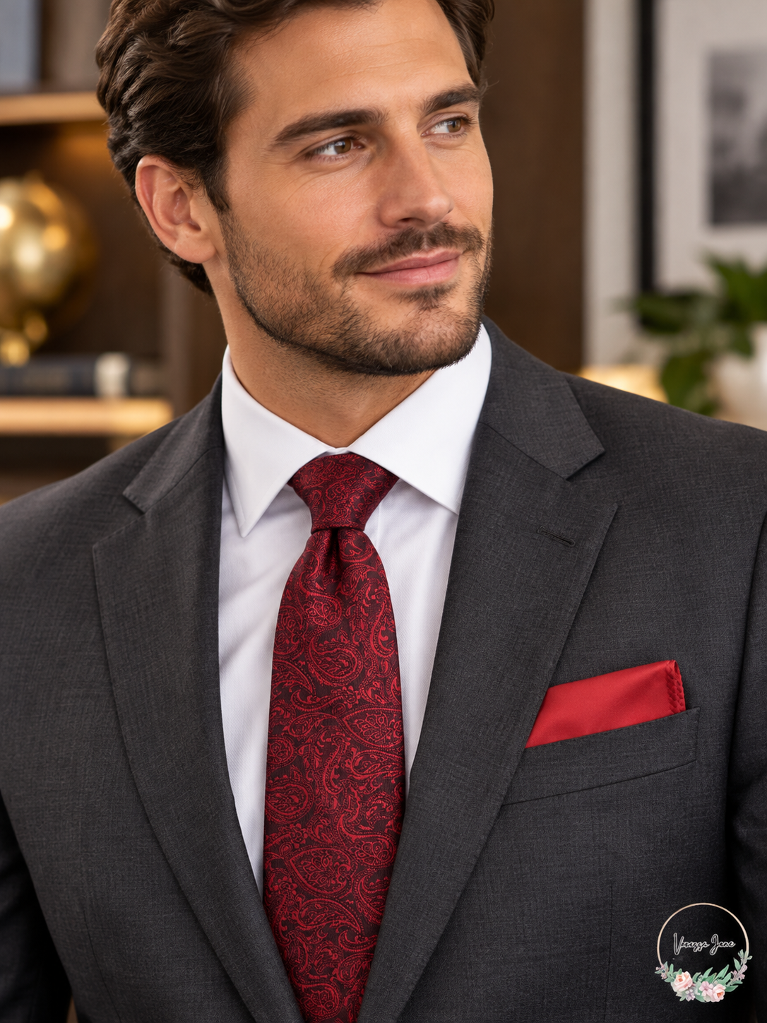 Nick Graham Men's Red Tonal Paisley Necktie and Solid Pocket Square Set — red lifestyle
