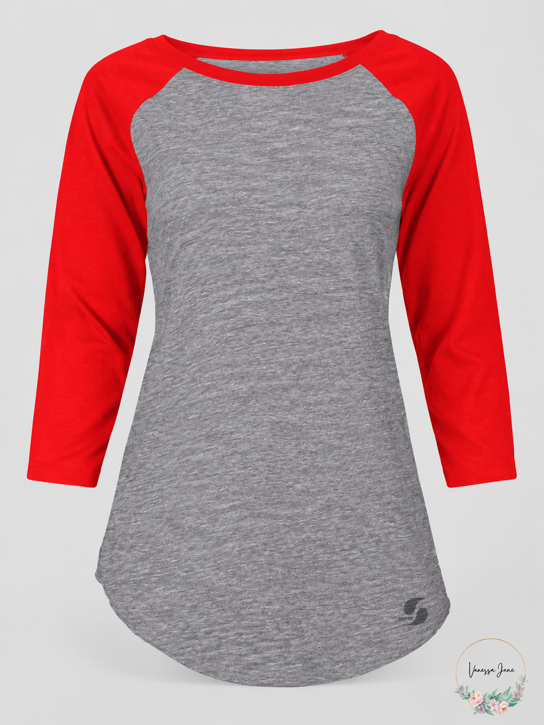 Soffe Juniors Gray Red Raglan 3/4-Sleeve Baseball T-Shirt Large — grayred stock