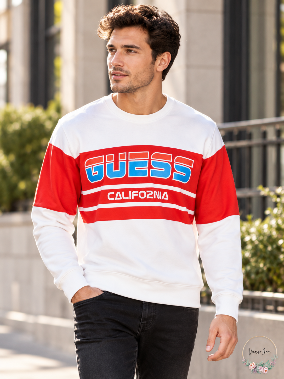 GUESS Men's Roy Sport Logo Crewneck Sweatshirt — white lifestyle