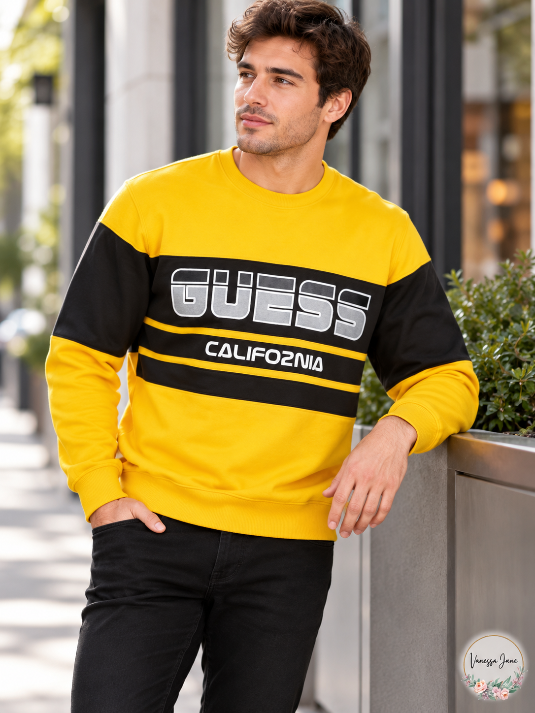 GUESS Men's Roy Sport Logo Crewneck Sweatshirt — yellow lifestyle
