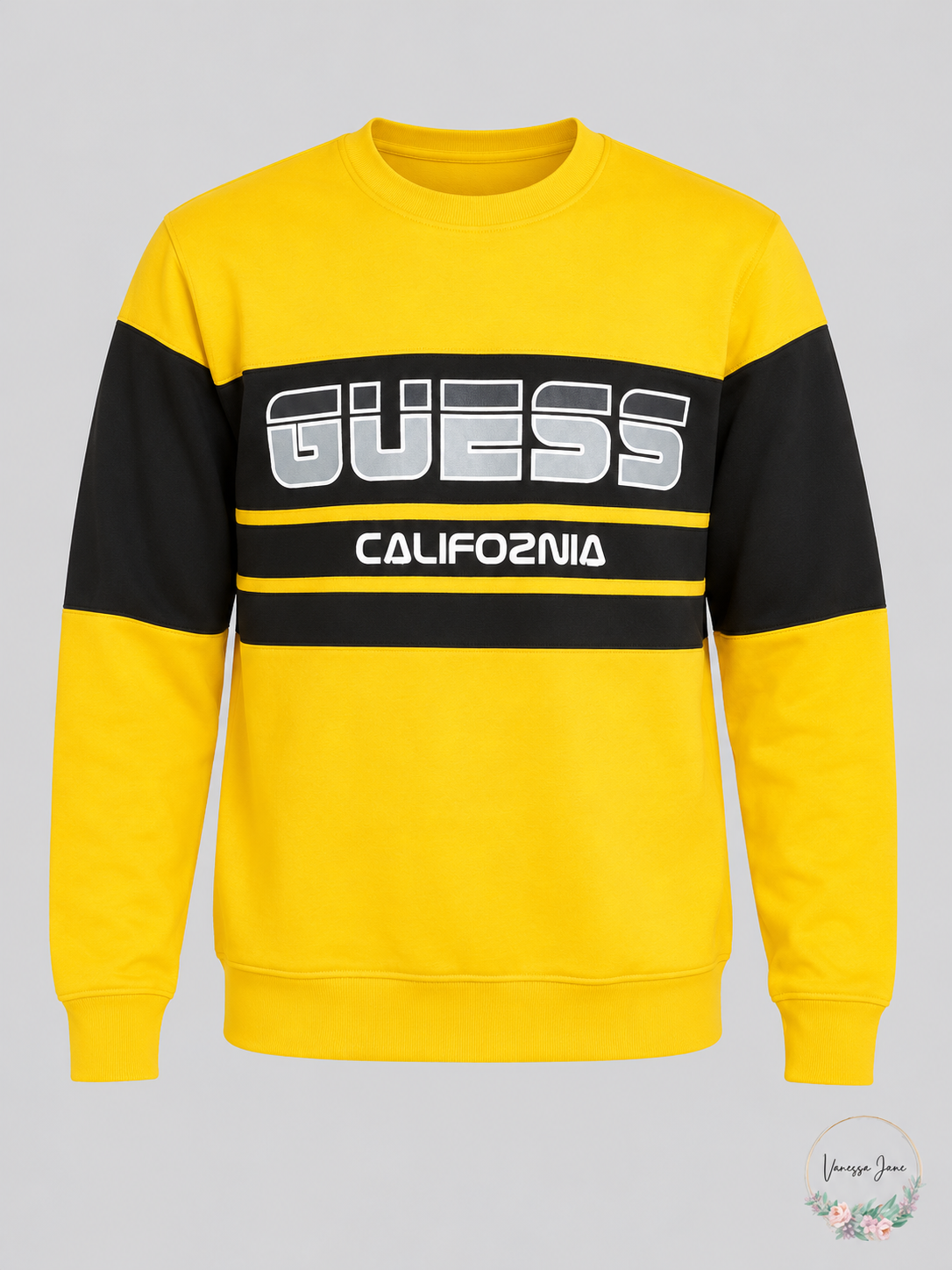 GUESS Men's Roy Sport Logo Crewneck Sweatshirt — yellow stock