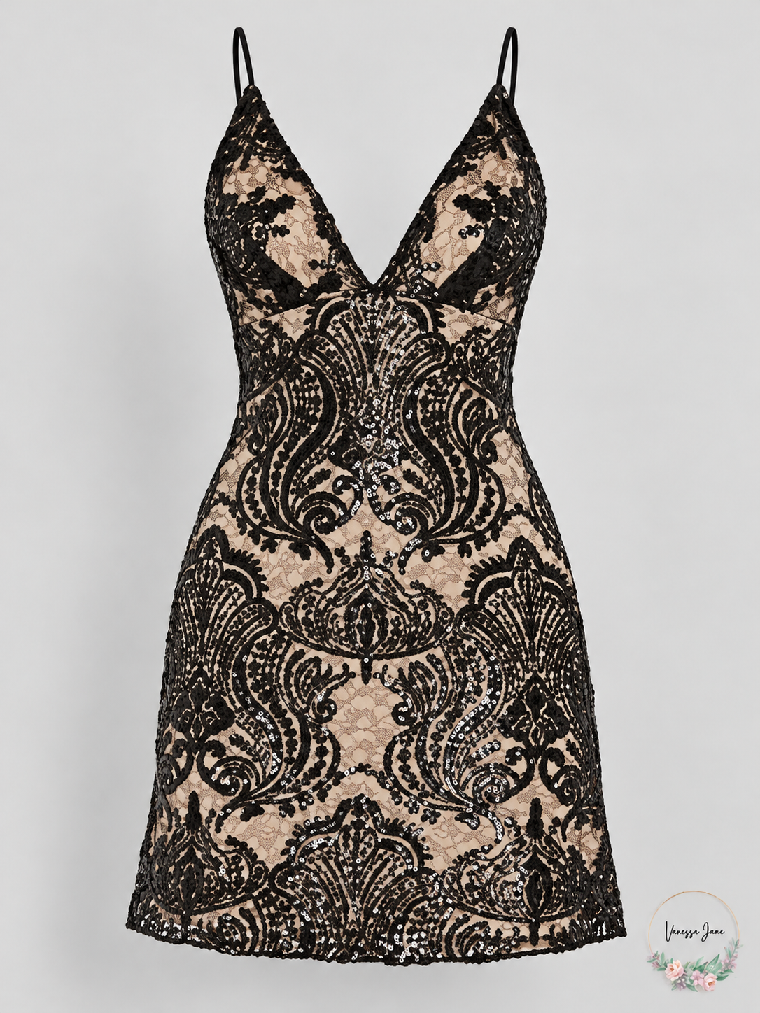 Free People Night Shimmers Embellished Plunge V-Neck Mini Dress — black stock