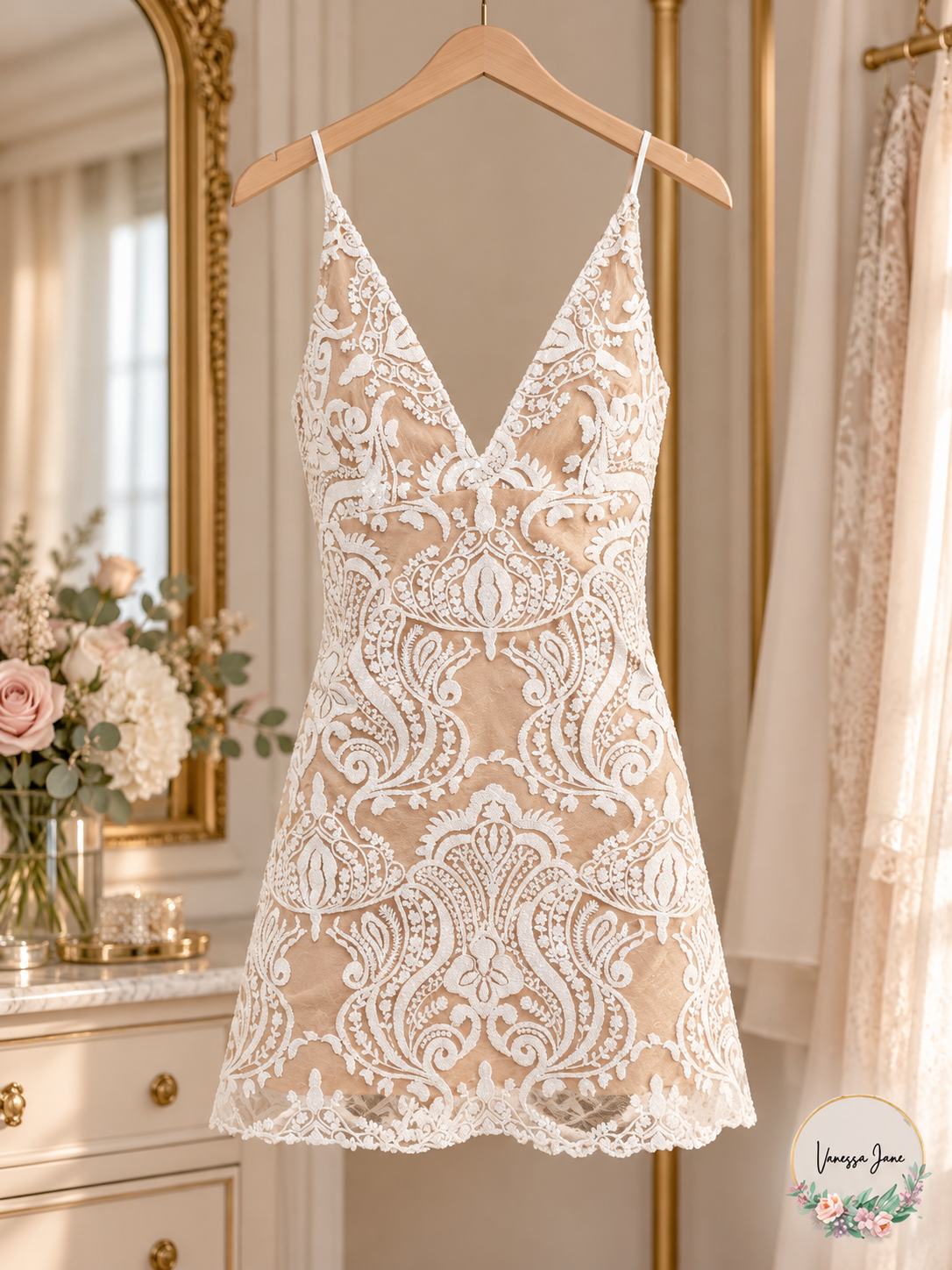 Free People Night Shimmers Embellished Plunge V-Neck Mini Dress — ivory lifestyle