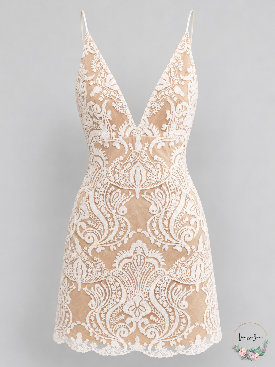 Free People Night Shimmers Embellished Plunge V-Neck Mini Dress — ivory stock