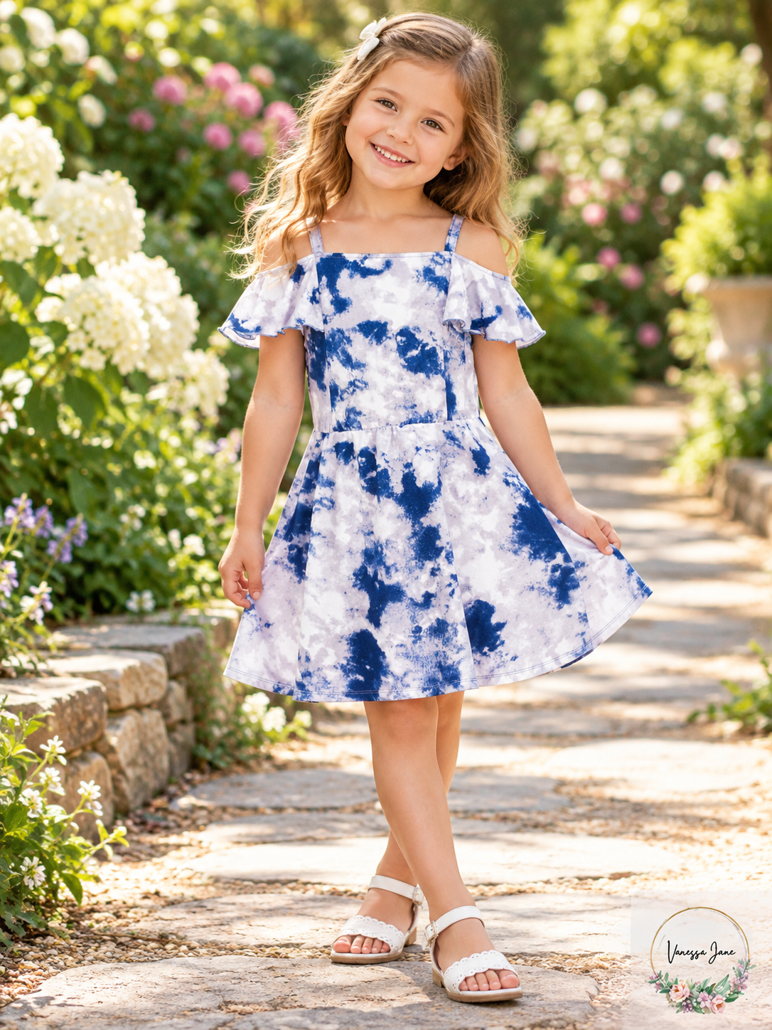 Epic Threads Girls Blue White Tie-Dye Cold-Shoulder Dress 4T — blue lifestyle