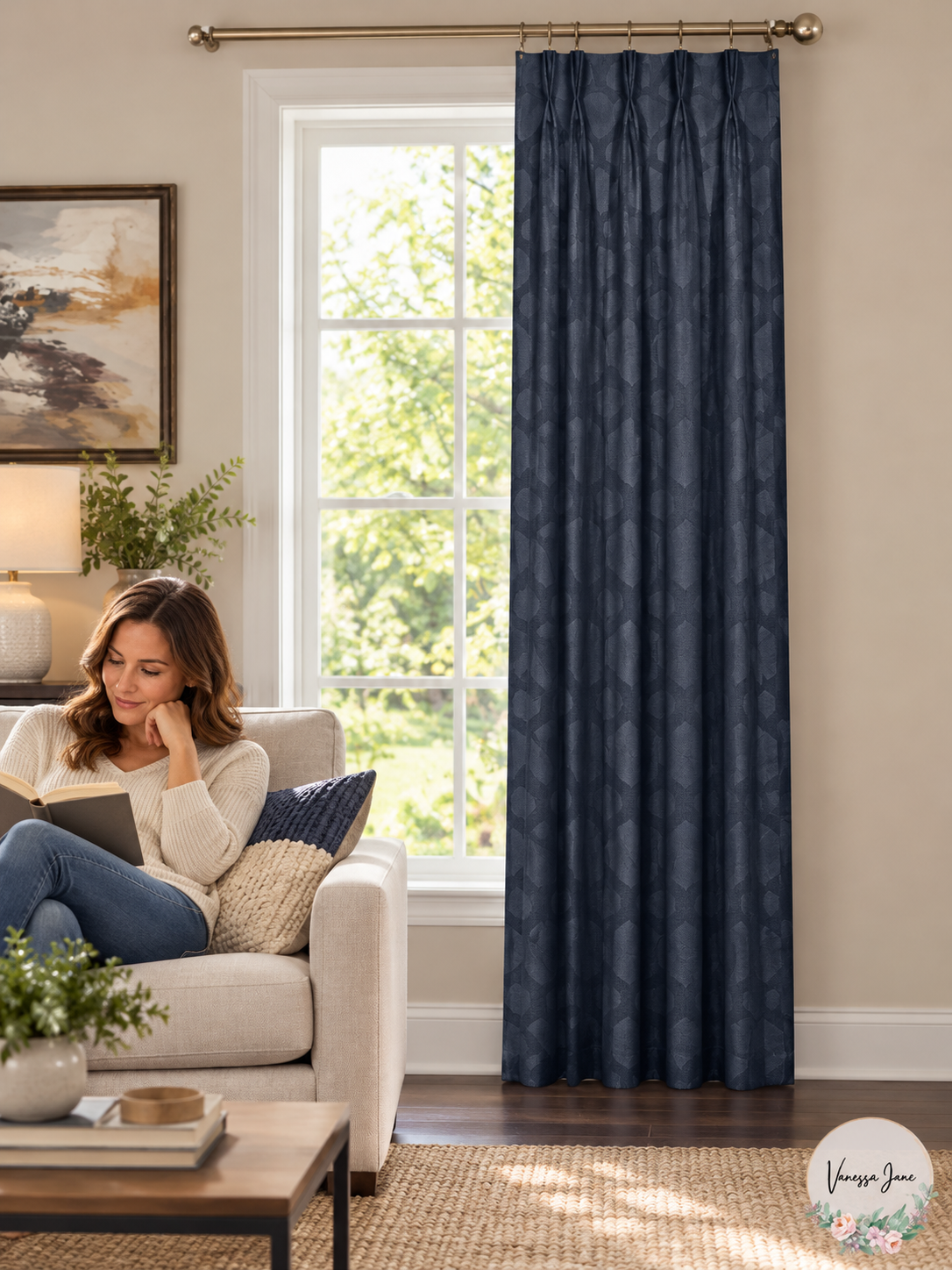 Windsor Embossed Velvet Pinch-Pleat Blackout Curtain Panel — navy lifestyle