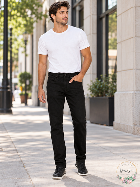 Buffalo David Bitton Men's Evan-X Black Slim-Straight Stretch Jeans — lifestyle photo