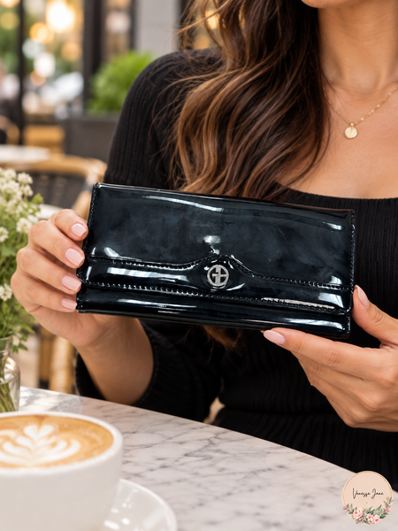 Giani Bernini Black Patent Flap Receipt Wallet with Silver-Tone Logo — black lifestyle