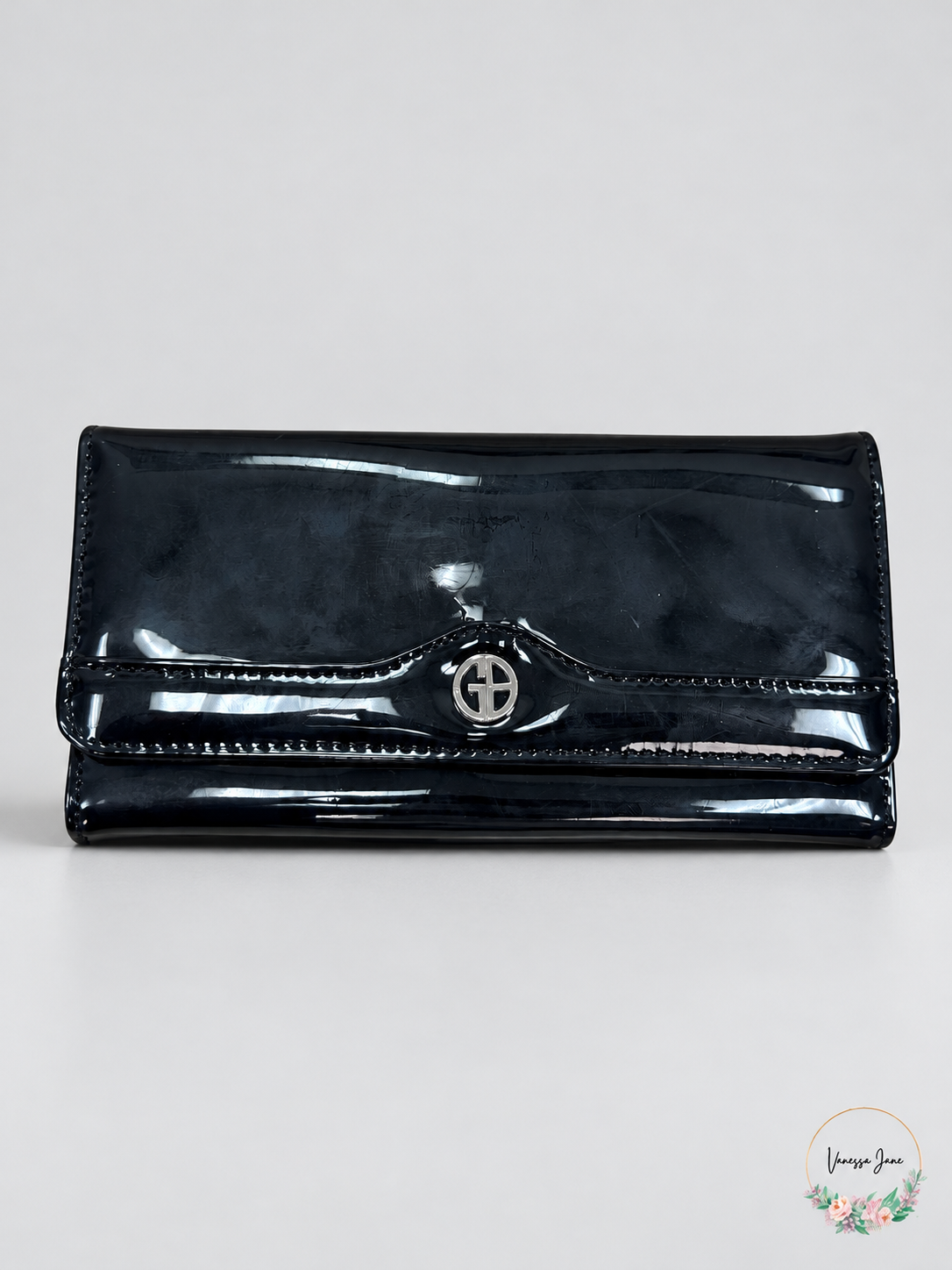 Giani Bernini Black Patent Flap Receipt Wallet with Silver-Tone Logo — black stock