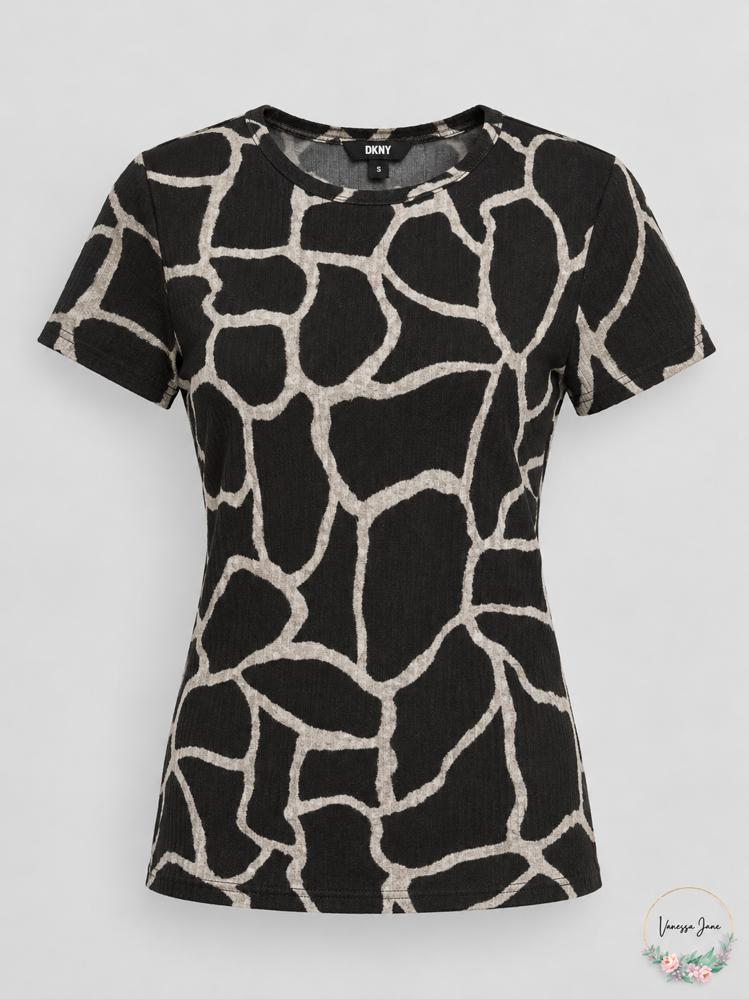 DKNY Women's Black Beige Abstract Print Crewneck T-Shirt Small — oxford stock