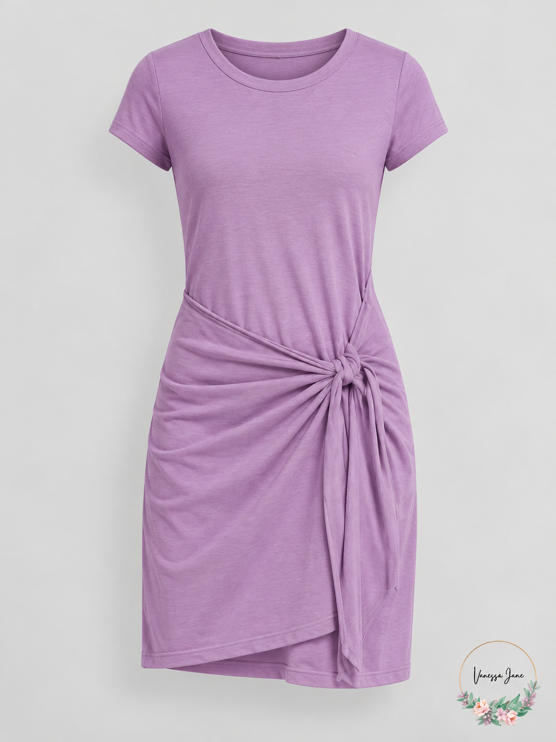 DKNY Violet Cotton Modal Ruched Tie-Waist Short Sleeve Dress XL — violet stock