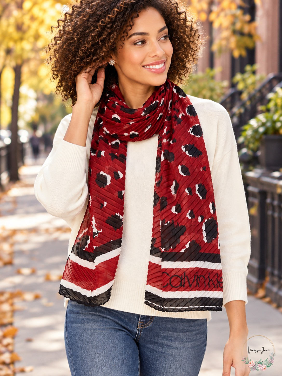 Calvin Klein Women's Red Leopard Print Pleated Scarf — lifestyle photo