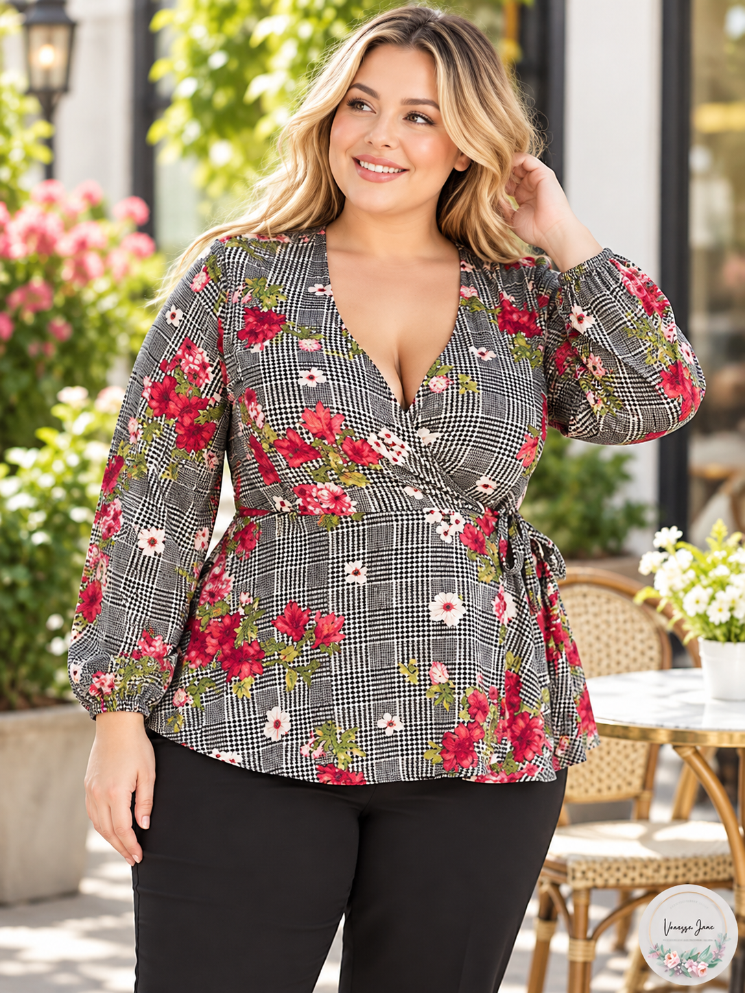 City Chic Plus Size Floral Check Wrap Blouse Small 16 Gray — gray-floral lifestyle