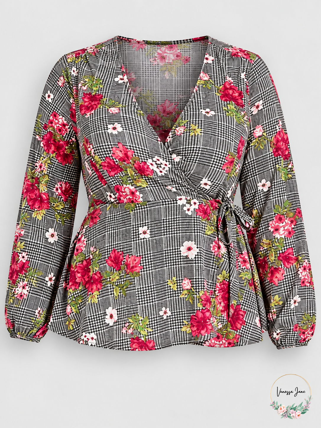 City Chic Plus Size Floral Check Wrap Blouse Small 16 Gray — gray-floral stock